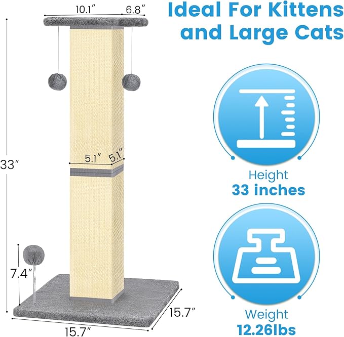 Cat Scratching Post 33'' Cat Scratching Posts for Indoor Cats Adults, Nature Sisal Tall Cat Scratch Post, Sisal Cat Scratcher Improve Cat's Scratching Habits and Protect Your Furniture, Grey