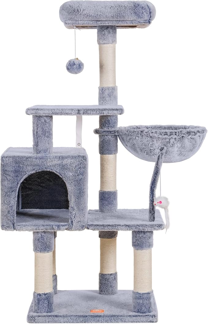 Heybly Cat Tree with Toy, Cat Tower condo for Indoor Cats, Cat House with Padded Plush Perch, Cozy Hammock and Sisal Scratching Posts, Pewter HCT004PE