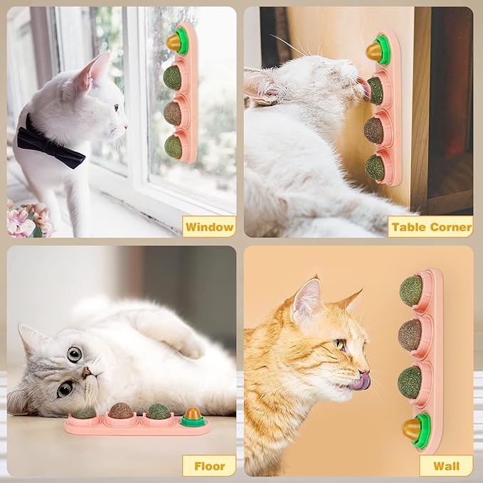 4 Pack Catnip Balls, Catnip Ball for Cats Wall, Edible Kitty Toys for Cats Lick, Safe Healthy Kitten Chew Toys, Teeth Cleaning Dental Cat Toys, Cat Wall Treats (Pink)