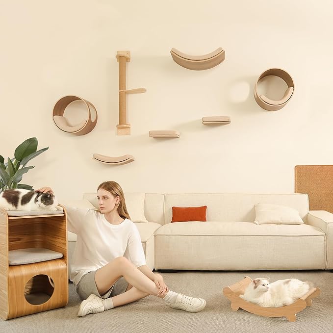 Cat Wall Shelves Curved Floating Cat Shelf Perch Bed with Cushion Wooden Easy to Install Cat Wall Furniture for Climbing Sleeping 16.5"x10.2"(White Oak)