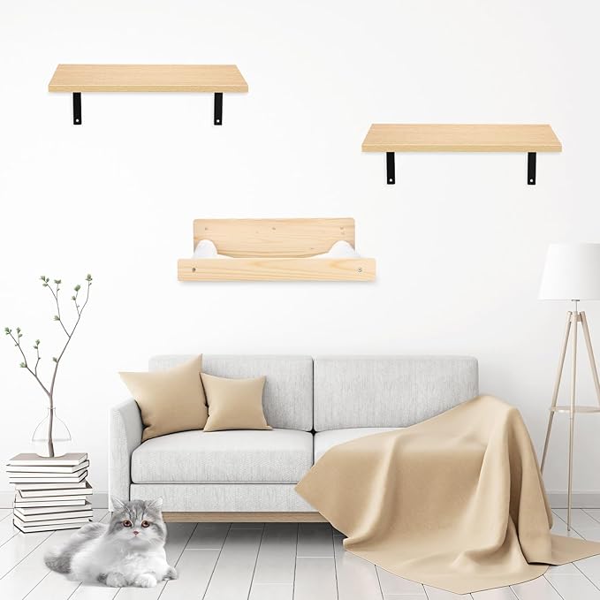 16" x 8" 2 Pcs Large Cat Wall Shelves with 16" x 14" Cat Hammock and Cat Scratching Mat Cat Wall Furniture Set Cat Climbing Shelf for 16 Inch Drywall, Suitable for Sleep, Climb, Play, Nap