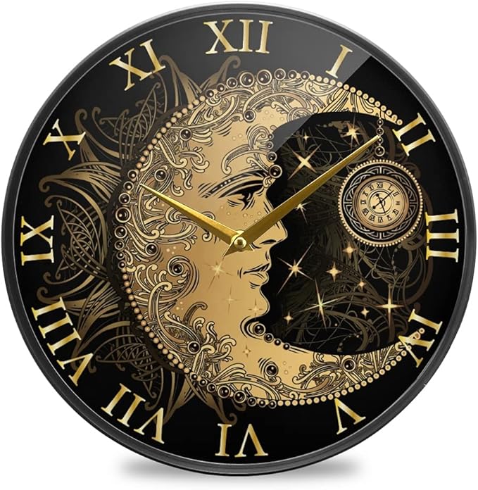 ALAZA Boho Crescent Moon Sun Mandala Wall Clock Battery Operated Silent Non Ticking Clocks for Living Room Decor 12 Inch / 9.5 Inch