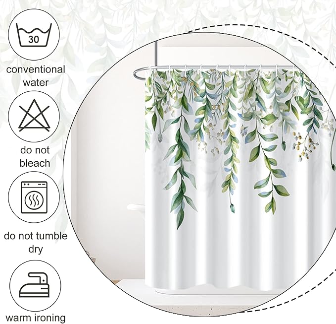 AWERT Green Mixed Light Blue Plant Shower Curtain with 8 Hooks Decorative Sage Green Shower Curtain for Bathroom Waterproof Fabric 48x72inch
