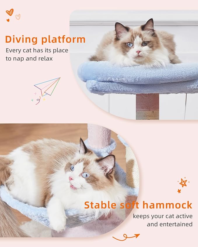 Taoqimiao Cat Tree, 39.4-Inch Cat Tower for Indoor Cats,Suitable for Kittens,Plush Cat Condo with 5 Scratching Posts, Plush Perch,2 Hammock,Pompoms, MS019PB Pink and Blue