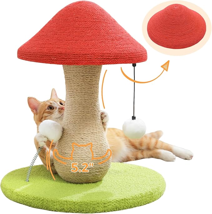 PETEPELA Mushroom Cat Scratching Post, Cat Scratcher Cute with 100% Sisal Covered Scratching Post & Pompoms Cat Toy, Mushroom Cat Post for Indoor Cats