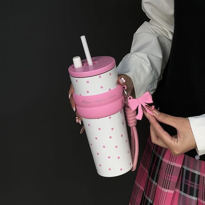 24 oz Cute Portable Iced Coffee Travel Tumbler with Straw For Women, Sidagar Water Bottle for Hot and Cold Coffee Mug, Reusable Portable Water Bottle, Metal Thermal Cup Leak Proof, Pink Dot