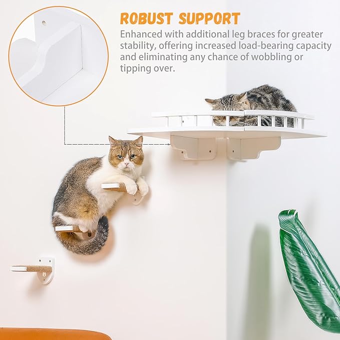 Cat Shelves for Wall, 2 Pcs Cat Wall Shelves with 3 Cat Wall Steps, Wood Cat Wall Furniture Set with Plush Covered, Wall-Mounted Cat Climbing Shelves Cat Perch for Indoor Large Cat (White)