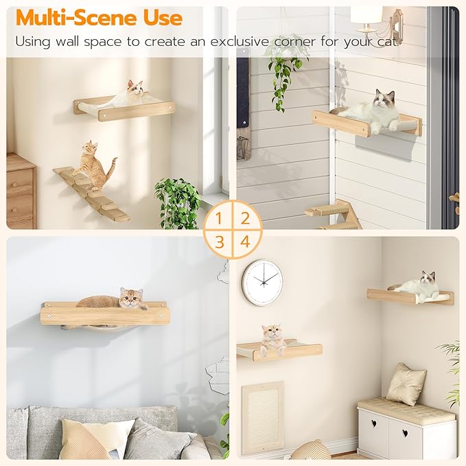 HOOBRO Cat Hammock, Cat Wall Bed with Soft Fabric, 15" L x 12.6" W, Wood Cat Wall Shelves, Easy to Install, Holds up to 40 lb, for Kitten, Medium and Large Cats, Natural NL01CS03