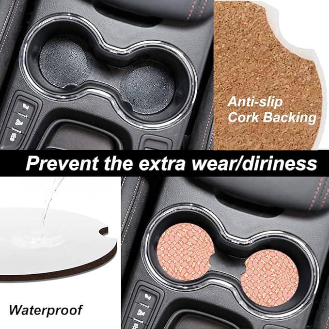 Absorbent Car Cupholder Coaster 2 Pack, Cute Car Coasters with a Finger Notch for Women & Men,2.56" Ceramic Stone & Non-Scratch Cork Base Drink Coasters, Cute Auto Accessories Gifts