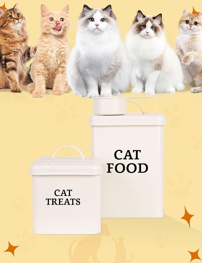 2 Packs Cat Food Storage Containers, Metal Cat Food and Treats Containers With Lid & Scoop, Farmhouse Pet Food Storage Containers, Cream