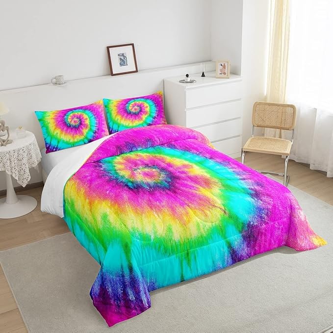 3 Piece Rainbow Tie Dye Comforter Set with 2 Pillowcases Boho Psychedelic Bedding Set for Kids Girls Teens Bohemian Gypsy Exotic Spiral Quilted Duvet Soft Comfy, Watercolor Art Down Comforter,King