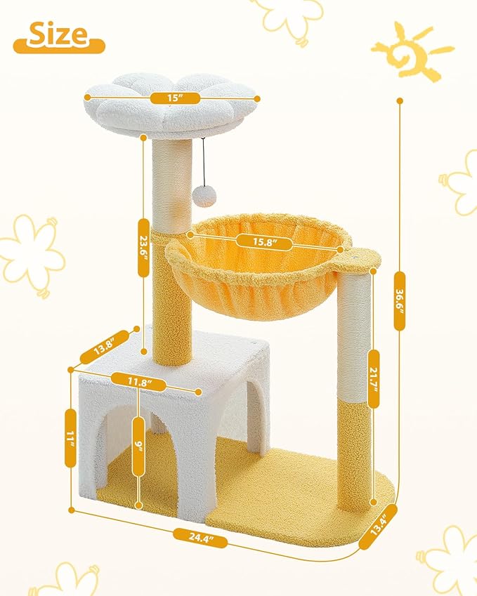 Cute Cat Tree with Flower Top Bed - Cloud Scratching Posts, 35" Small Cat Tower with Large Metal Frame Hammock for Indoor Cats, White Cat Condo for Kittens, Yellow