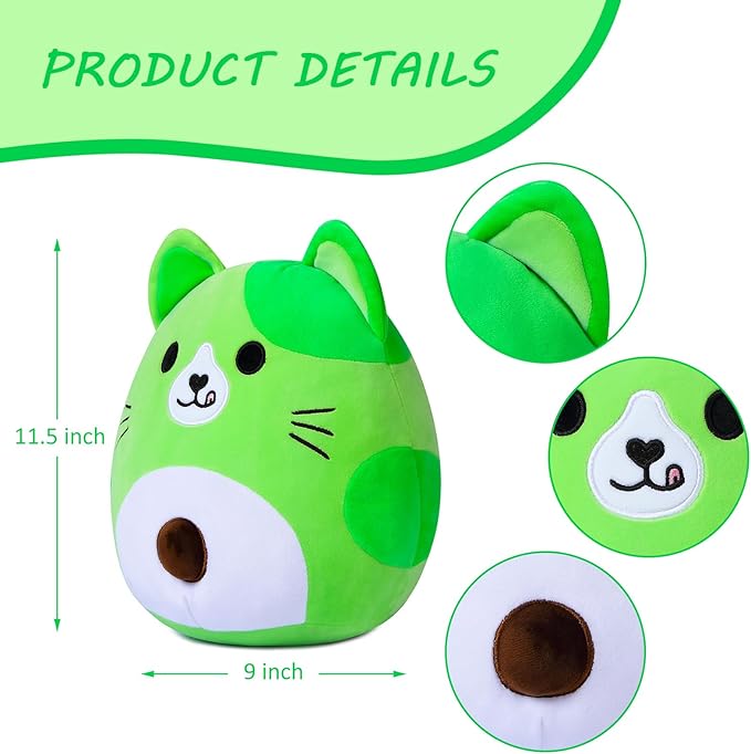Avocado Cat Plush Pillow, Cute Cat Plushie Toy, Soft Pillow Plush, Present for Kids Boys Girls Christmas Birthday (11.5 inches)