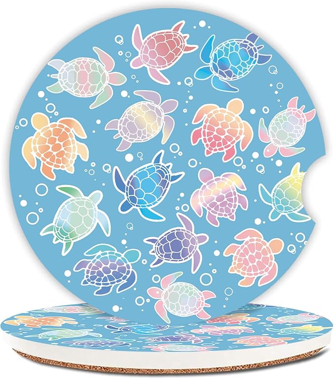 2 Pack Absorbent Car Coasters for Cup Holders,2.56" Ceramic Coasters with Cork Back and Finger Slot,Cute Sea Turtles Pattern Auto Accessories for Women & Men.