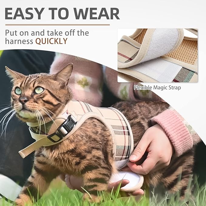 PUPTECK Soft Mesh Cat Vest Harness and Leash Set Puppy Padded Pet Harnesses Escape Proof for Cats Small Dogs Rabbits Bunny, Plaid Beige, S