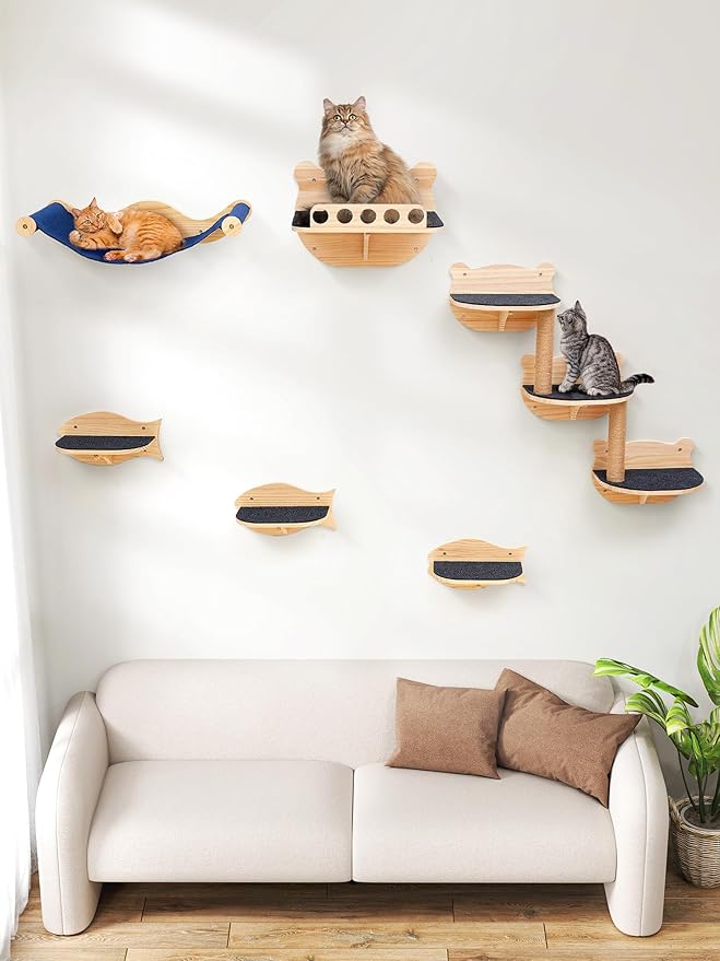 Cat Wall Shelves, Cat Wall Furniture Cat Shelves & Perches for Wall Climbing Cat Wall Steps Set Cat Wall Climber with Cat Hammock, Cat Perch, Sisal Cat Scratching Post