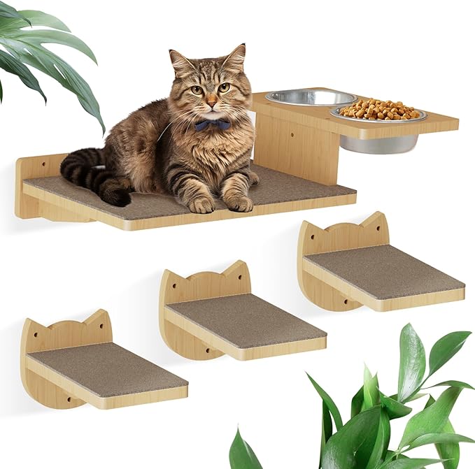 MeowHomm Cat Wall Shelves, Wood Cat Wall Furniture with 3 Cat Wall Steps, Cat Feeding Shelf with 2 Cat Food Bowls, Wooden Cat Bed Furniture Wall Mounted