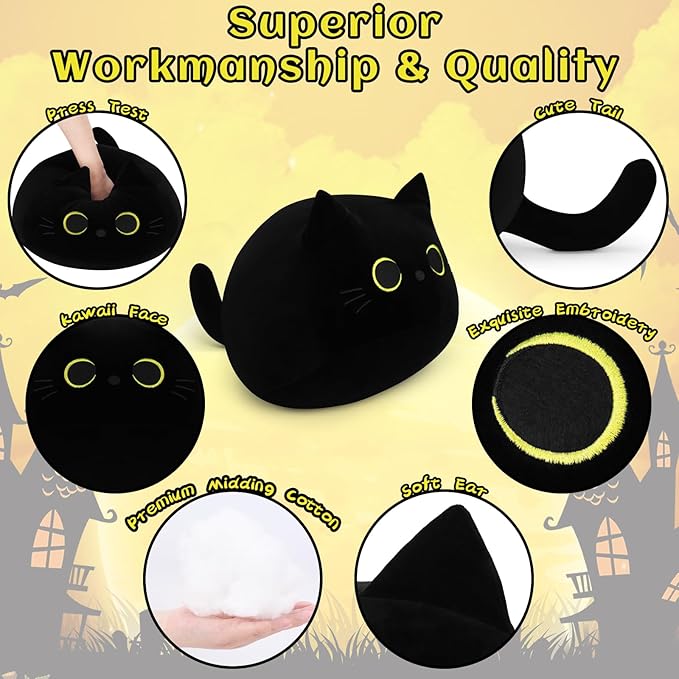 Auspicious Beginning Giant Black Cat Plush Toy - 19'' Stuffed Animal, Kawaii Plushie Cat Pillow, Halloween Decor Plush Gift for Kids