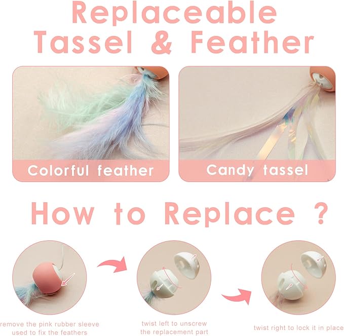 Andiker Cat Teaser Stick, Retractable Cat Wand with Replacement Head, Cat Feather Toy, Cat Interactive Toy for Indoor Cats for Relief Boredom and Exercise (Tassels+Feather)