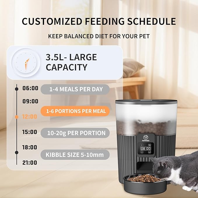 Automatic Cat Feeder, 3.5L Programable Automatic Pet Feeder for cats & dogs, Timed Cat Food Dispenser with Customize Feeding Schedule, 1-10 Meals Per Day Dual Power Supply Auto Cat Feeder