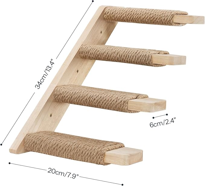 HOOBRO 4-Tier Wooden Cat Climbing Wall Shelves, Wall-Mounted Cat Wall Shelves Furniture, Cat Wall Step with Jute Scratching Rope, Solid Oak, 40-lb Load Capacity, Easy to Assemble, Natural NL12CS03N1