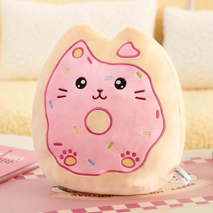 12" Sprinkle Donut Plush Pillow, Pink Cat Plush Kitten Stuffed Animal Squishy Plush Toy Cat Throw Pillow Donut Party Supplies Decorations for Kids Girls