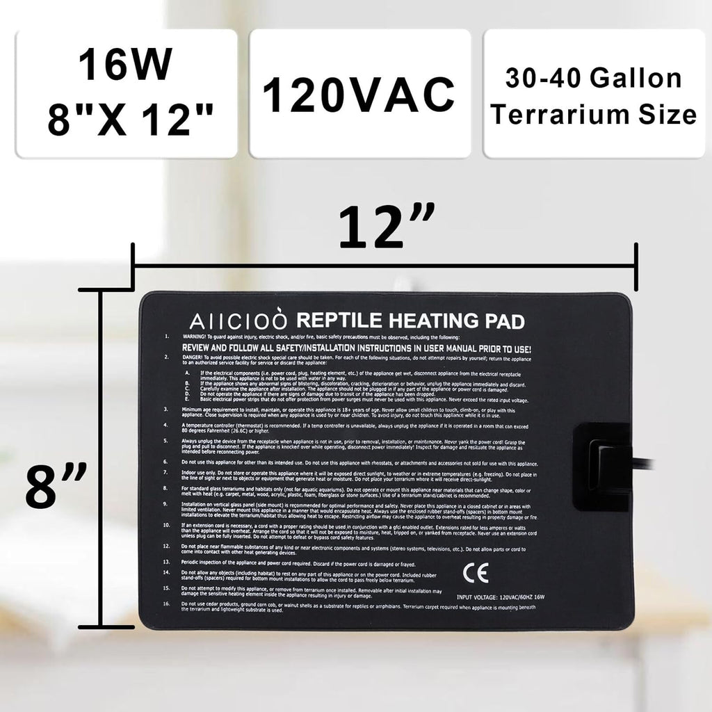 Aiicioo Reptile Heating Pad - Hermit Crab Heater Heat Mat for Reptiles Snake Lizard Terrarium 16 Watt