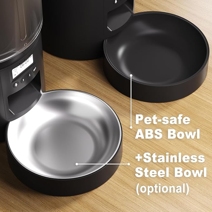 Automatic Cat Feeder Flexible Schedule Timer,6 Meals/Day,1-12 Portions/Meal,Dual Power Auto Feeder Dry Food Dispenser,10S Voice Record,for Cats & Small Dogs (Black,3.6L Stainless Steel Bowl)