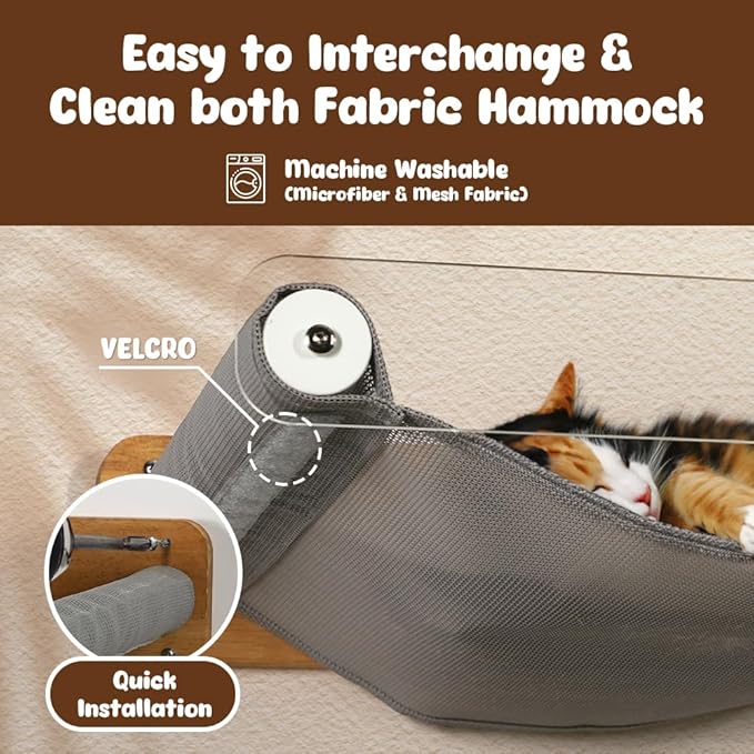 Cat Hammock Wall Mounted, Wooden Kitty Wall Furniture, Stable Shelves Floating Cat Perches for Sleeping, Playing, Climbing and Lounging - MK2012A