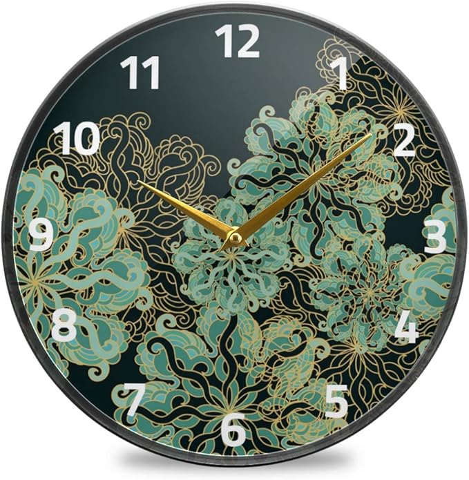 ALAZA Art Nouveau Flower Malachite Green Wall Clock Battery Operated Silent Non Ticking Clocks for Living Room Decor 12 Inch / 9.5 Inch