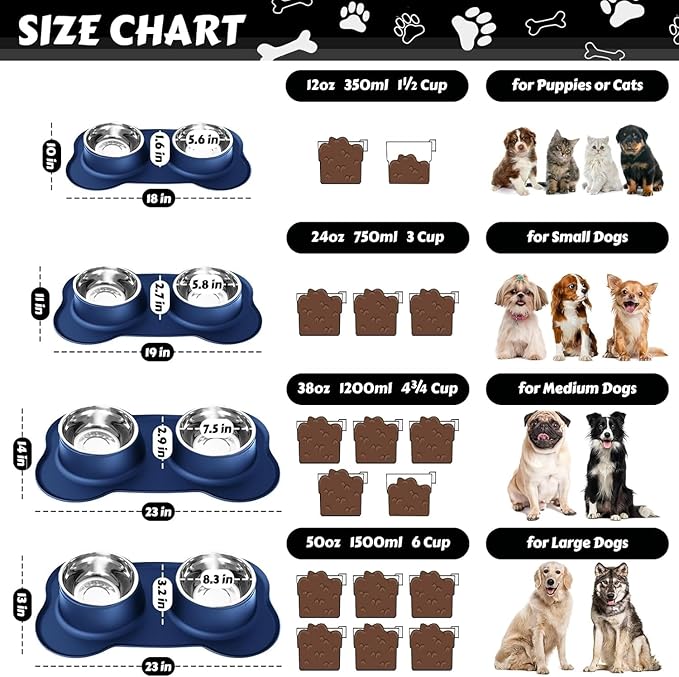 AsFrost Dog Food Bowls Stainless Steel Dog Bowls, Food Water Bowl Set with No Spill Non-Skid Silicone Mat, Dog Dish Double Pet Feeder Bowls for Small Medium Sized Large Dogs Cats Puppy, Blue