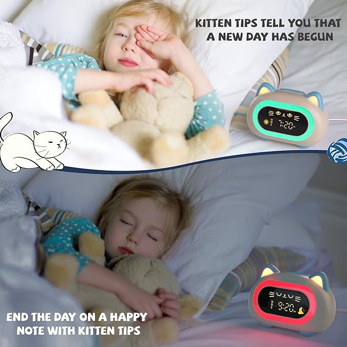 Alarm Clocks for Bedrooms, Kids Alarm Clock with Dual Alarm Snooze Mode 10 Color Night Light Sleep Training Eye Protection Auto Off Timer Blue Cat, Gift for Kids, Adults, Teens
