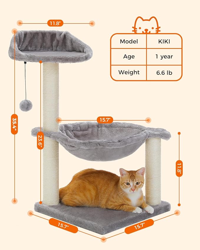 Cat Tree 28" Cat Scratching Post with 15.7" Large Cat Hammock Bed for Indoor Small Cats, Cat Scratcher Cat Toy, Grey