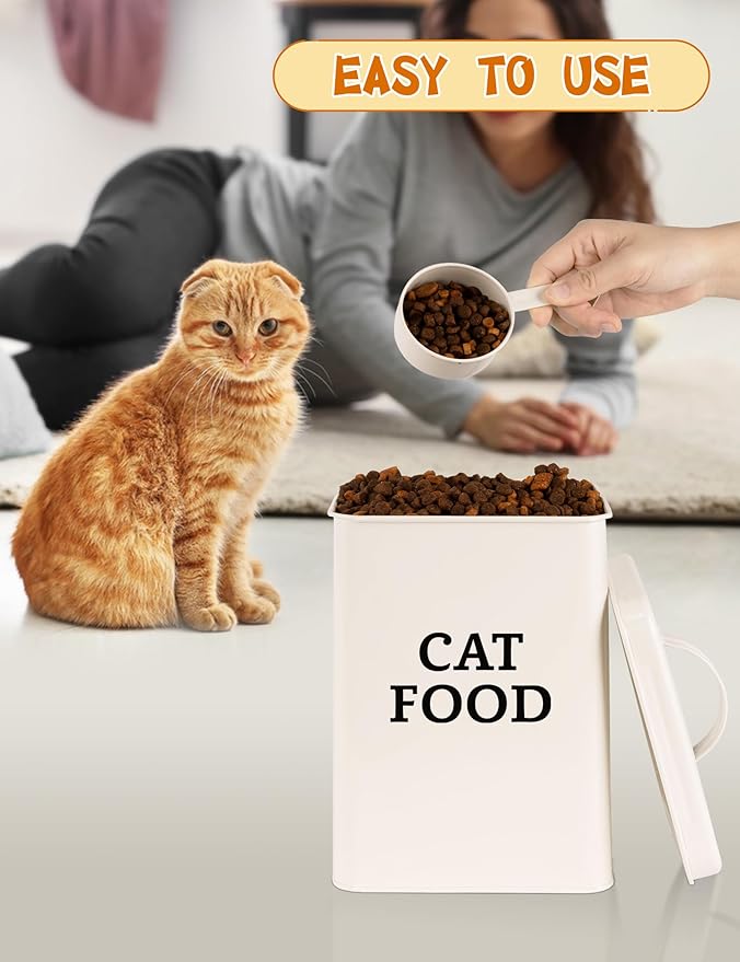 2 Packs Cat Food Storage Containers, Metal Cat Food and Treats Containers With Lid & Scoop, Farmhouse Pet Food Storage Containers, Cream