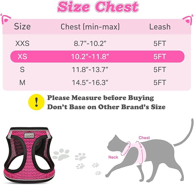 Cat Harness and Leash for Walking Escape Proof, Adjustable Kitten Vest Harness Reflective Soft Mesh Puppy Harness for Outdoor, Comfort Fit, Easy to Control (Pink, XS)