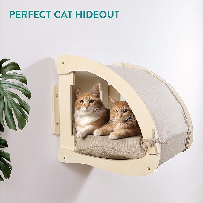 Navaris Cat Bed with Steps for Wall - Wall Cat Bed with Removable Cushion - Wall-Mounted Cat Hideout Made Out of Linen - Wall Cat Furniture