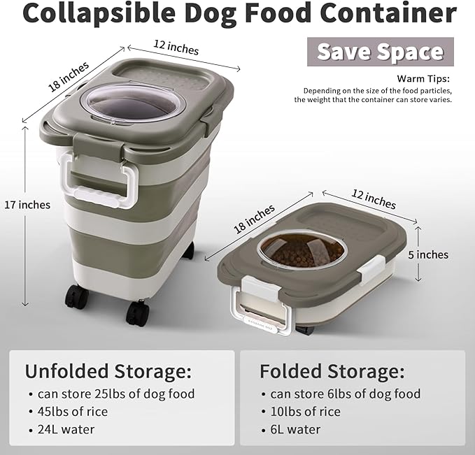 25 Lbs Dog Food Storage Container, Collapsible Dog Food Container with Scoop for Pet/Dog/Cat/Bird Food,Keep Dry Food Fresh,Easy to Move (Khaki)