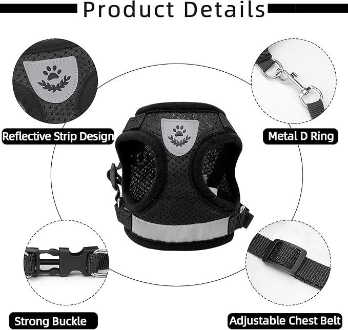 Cat Vest Harness and Small Dog Vest Harness for Walking, All Weather Mesh Harness, Cat Vest Harness with Reflective Strap, Step in Adjustable Harness for Small Cats (Black, XS)