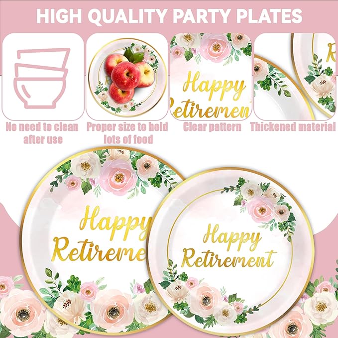 96Pcs Flower Retirement Party Decorations for Women White Peony Happy Retirement Plates Tableware Pink Gold Floral Retirement Dinnerware Napkin for Goodbye Going Away Farewell Party Supplies 24 Guests