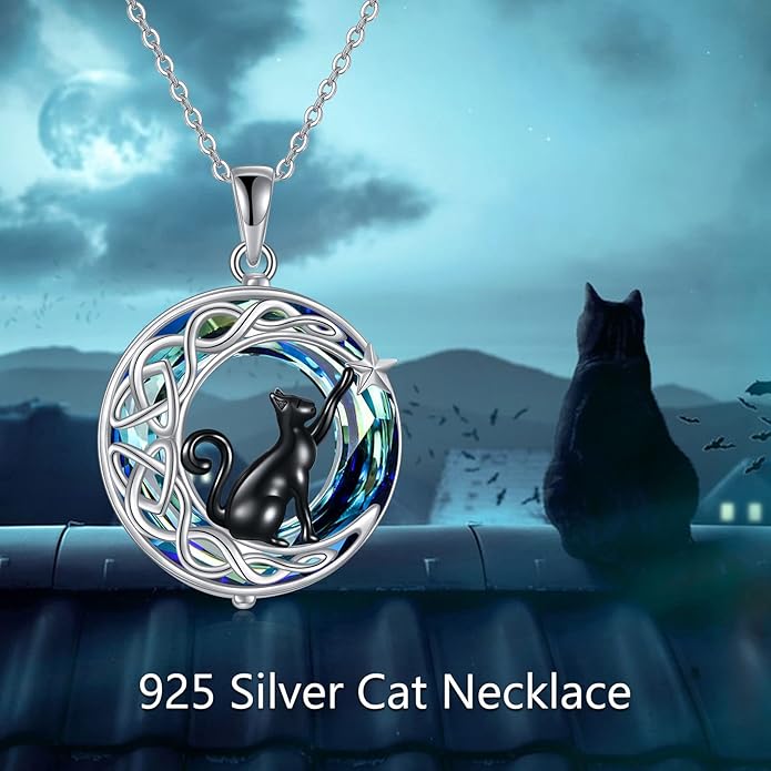 925Sterling Silver Moon Black Cat Necklace for Women Tree of Life Cat Jewelry for Women Abalone Necklace for Cat Lover Birthday