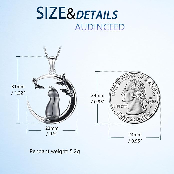 AUDINCCED Black Cat Necklace Turtle Necklace Gothic Jewelry Butterfly Necklace Cat Necklace 925 Sterling Silver Crescent Moon Necklace for Women Cat Gifts for Cat Lovers