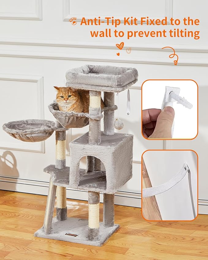Taoqimiao Cat Tree, 37.4-Inch Cat Tower for Indoor Cats,Suitable for Kittens,Plush Cat Condo with 5 Scratching Posts, Plush Perch,2 Hammock,Pompoms, Scratching Ramp MS018W Light Gray