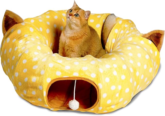 AUOON Cat Tunnel Bed with Central Mat Under Christmas Tree,Big Tube Playground Toys,Full Moon Shape for Kitten,Cat,Puppy,Rabbit,Ferret,Yellow