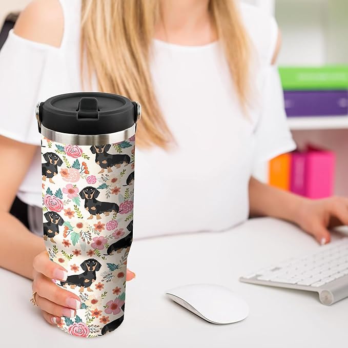 30 Oz Dachshund Tumbler with Handle and Straw, Coffee Mugs for Dog Lovers, Double Wall Stainless Steel Dog Mug, Dachshund Gifts for Women and Men