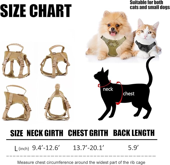 Tactical Cat Harness for Walking Escape Proof, Adjustable Pet Vest Harness, Soft Mesh with Control Handle for Large Cat Small Dog, Gift with Patch