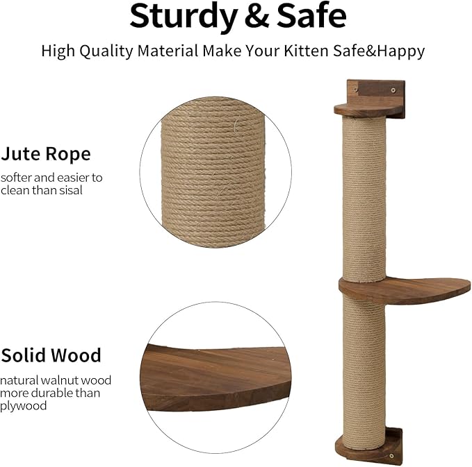 FUKUMARU Cat Tree, Solid Walnut Wood Cat Wall Furniture, Black Cat Wall Shelves with Scratching Posts and Pedal (Cat Activity Tree-Updated)