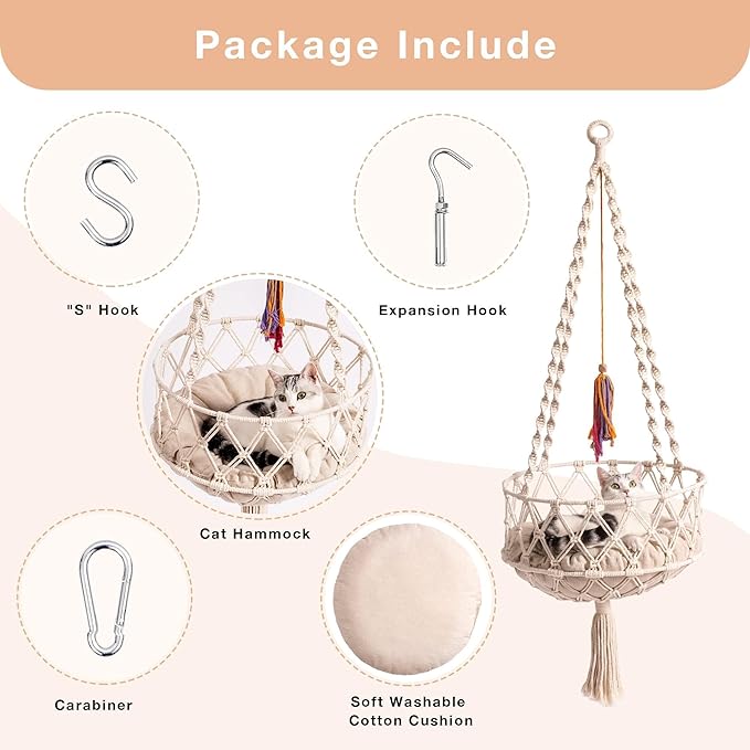 MEWOOFUN Hanging Macrame Cat Hammock Bed, Cat Swing Bed Space Saving Window Perch with Washed Cotton Mat & Funny Cat Toy for Indoor Cats