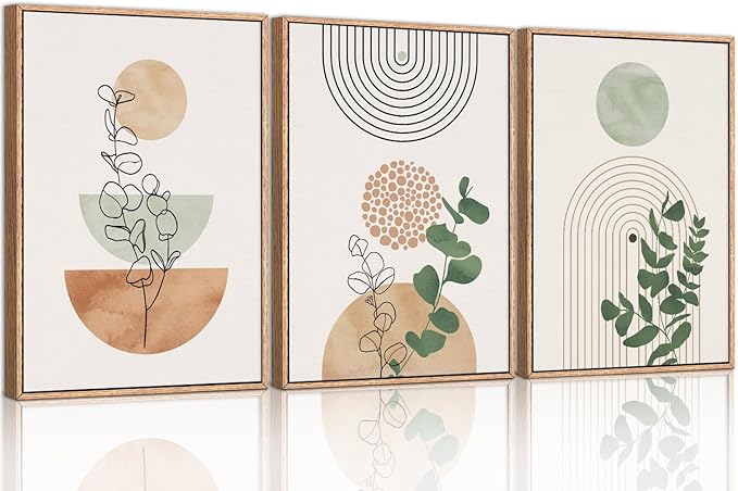 Ausril Boho Terracotta Green Framed Canvas Wall Art Set, Abstract Bohemian Wall Decor, Mid Century Modern Geometric Wall Painting, Neutral Botanical Art Print Living Room, Bedroom, Office 16"x24"x3