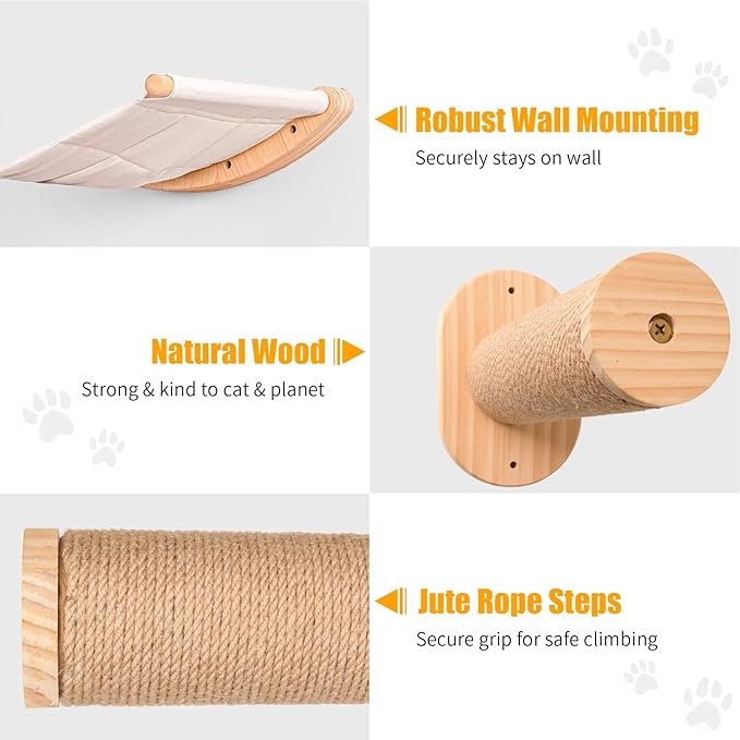 Cat Wall Hammock with Two Steps, Wall Mounted Cat Funiture with Stable Shelves and Perches for Sleeping, Playing, Climbing and Lounging, Wall Mounted Cat Bed for Large Cats