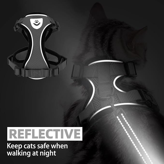 PUPTECK Cat Harness and Leash Set Escape Proof Reflective Cat Walking Harness Adjustable Soft Breathable Mesh Vest for Small Pets, Grey, M